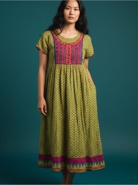 ❤️ Bohemian x Embroidered Vintage Printed Kurta Midi Dress